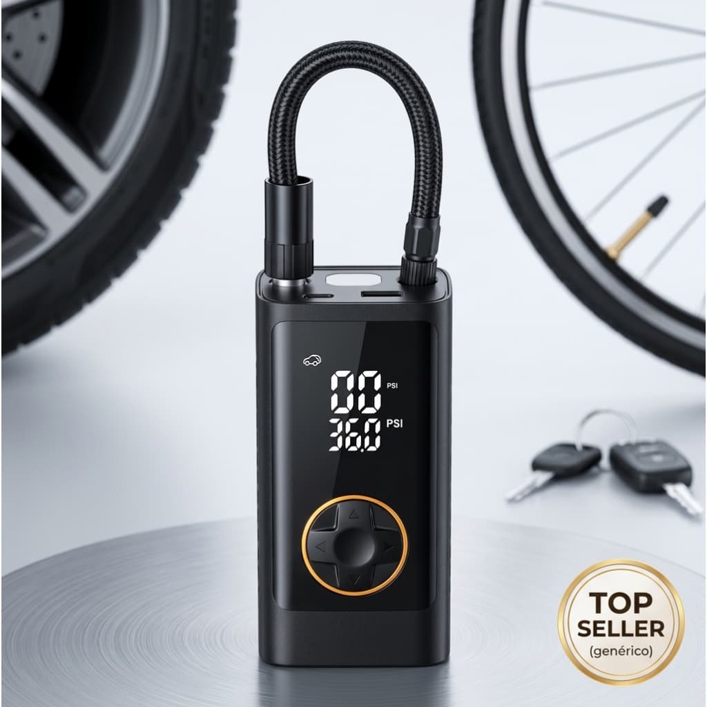 Bomba de Ar Digital Portátil Elétrica com Display LCD | Compressor para Pneus, Bicicleta, Moto e Carro – Preta