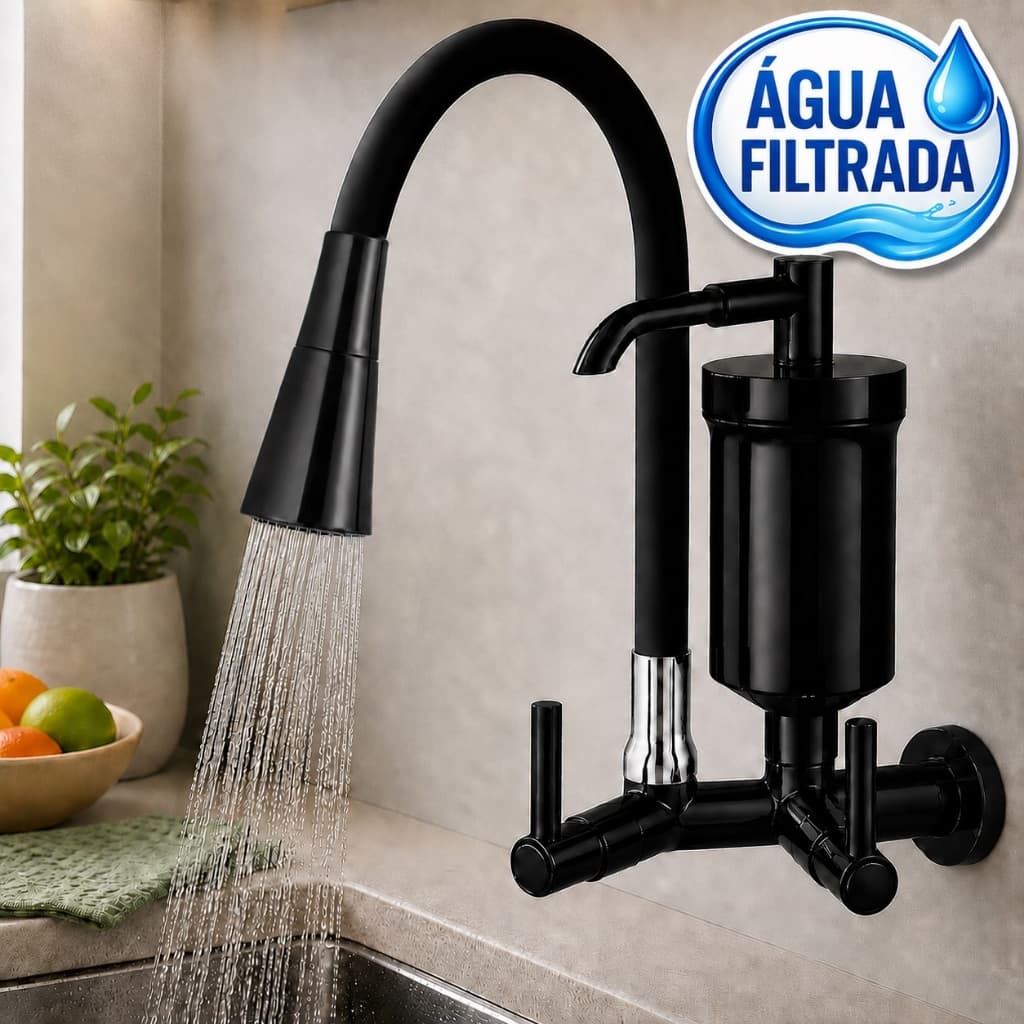 Torneira de Cozinha Preta com Filtro Gourmet Flexível Cone Preto 2 Jatos de Parede