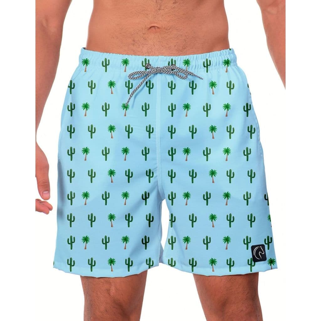 Short Masculino Estampado Cacto e Coqueiro Azul Moda Praia Verão Casual