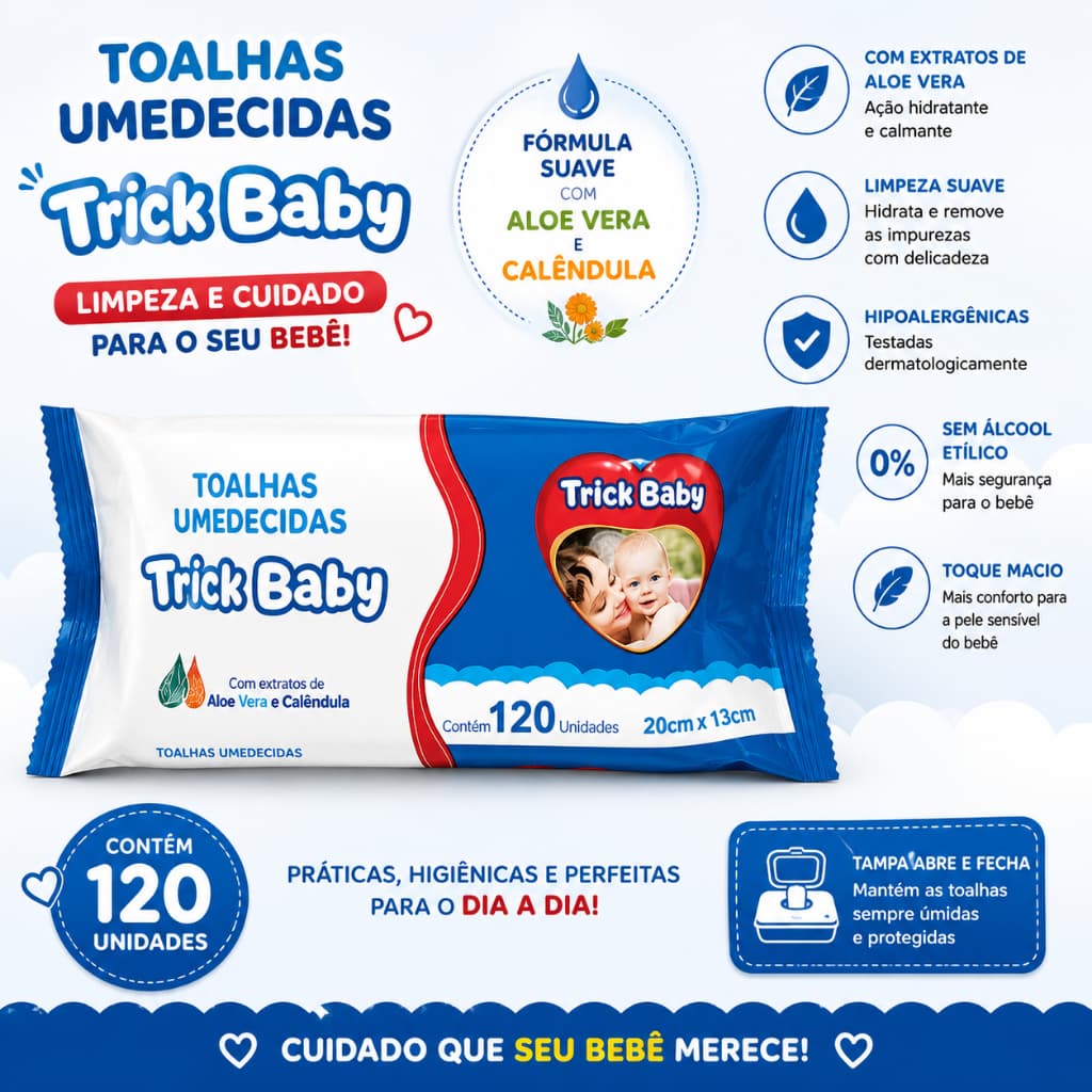 Lenço Umedecido Trick Baby Pacote 120 Unidades Com Aloe Vera E Calendula Sem Alcool Hipoalergenica