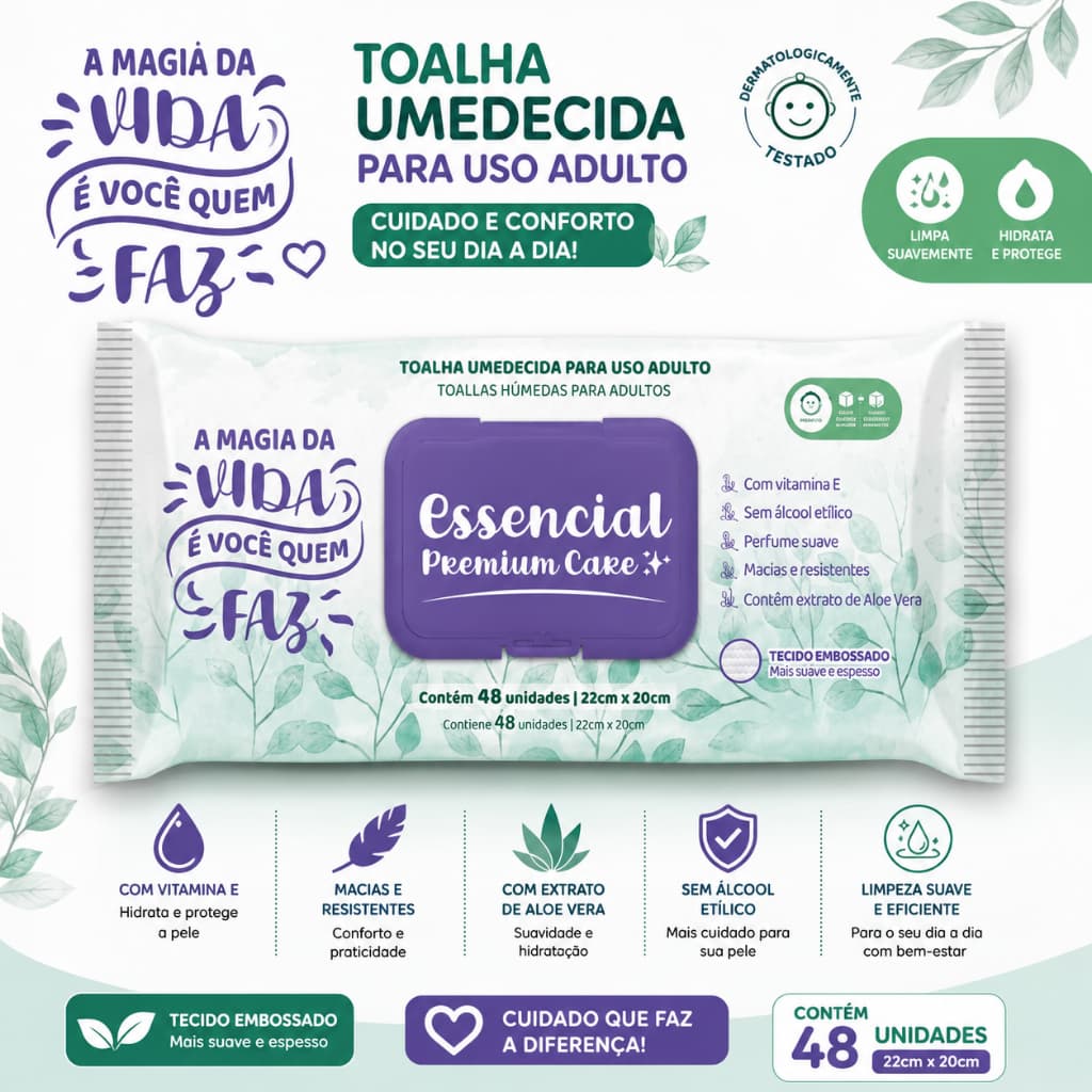 Lenço Umedecido Geriátrica Essencial Premium Care – 48 Unidades