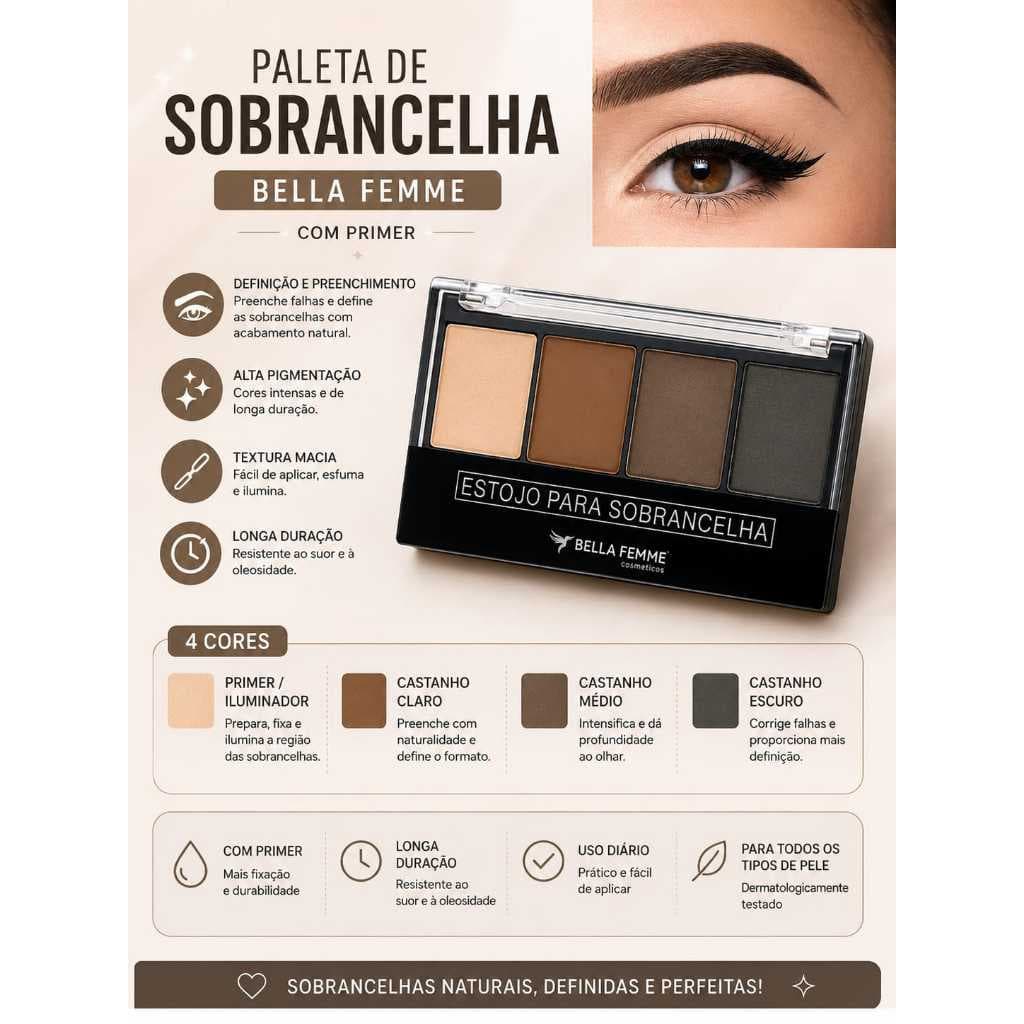 Paleta de Sobrancelha Bella Femme 4 Cores com Primer – Kit para Sobrancelhas