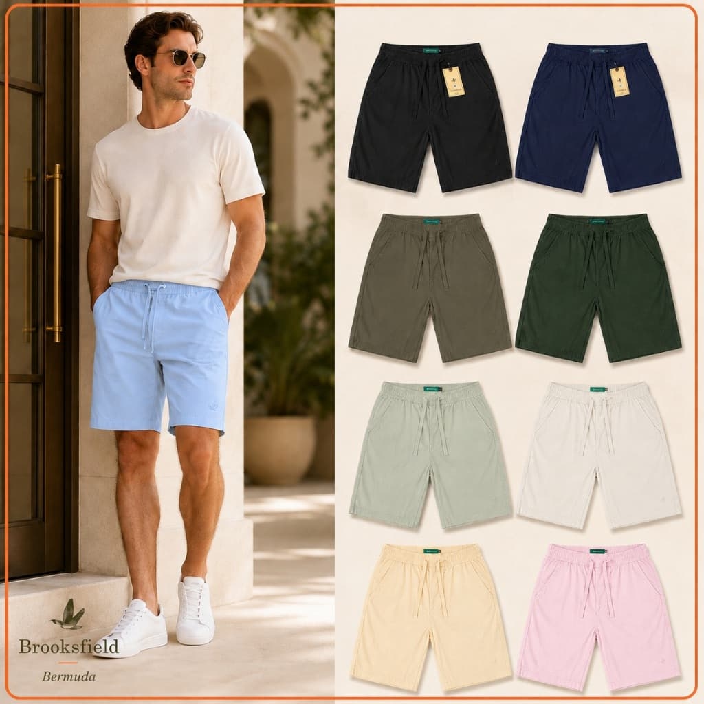 Short Masculino  Brooksfield Casual Premium com Elástico, Cordão, Bolsos e Bordado Tom Sobre Tom