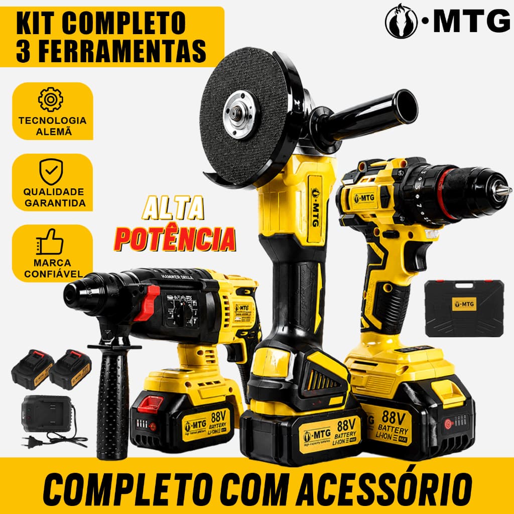 Kit 3 Ferramentas 88V MTG: Furadeira Parafusadeira, Esmerilhadeira e Martelete com 3 Baterias e Maleta