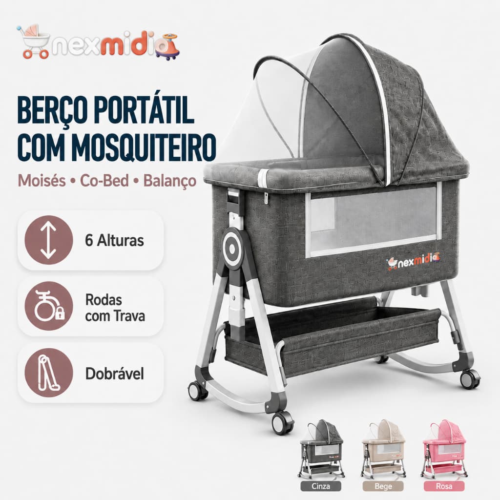 Berço de Bebê Portátil com Mosquiteiro Moisés Co-Bed Balanço 6 Alturas Rodinhas e Trava de Segurança