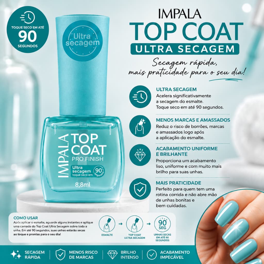 Esmalte Impala Top Coat Pro Finish Ultra Secagem 90s Lançamento