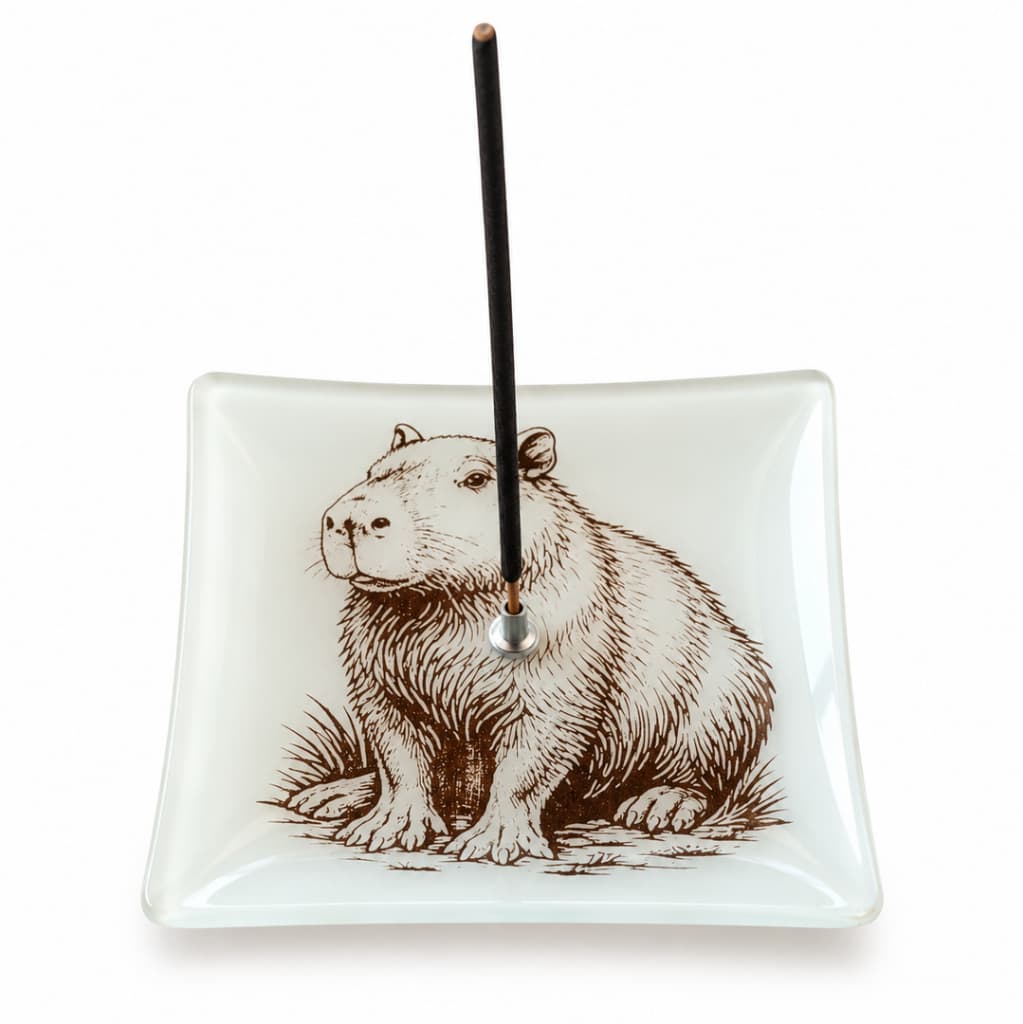 Porta Incenso Quadrado Capivara em vidro nas cores marrom e branco