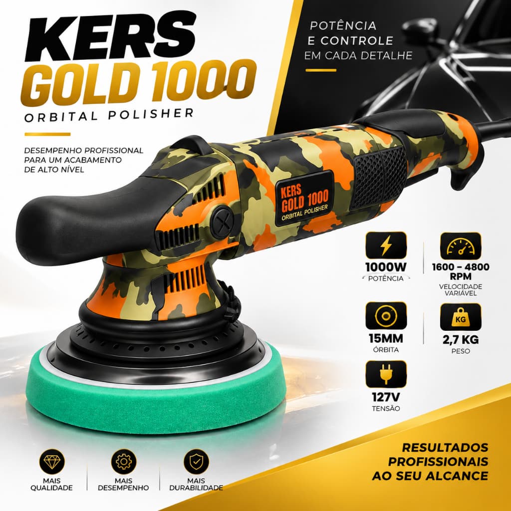Politriz Roto Orbital Kers Gold 15mm 1000W 127V Camuflada Polidora Profissional Para Estetica Automotiva E Polimento
