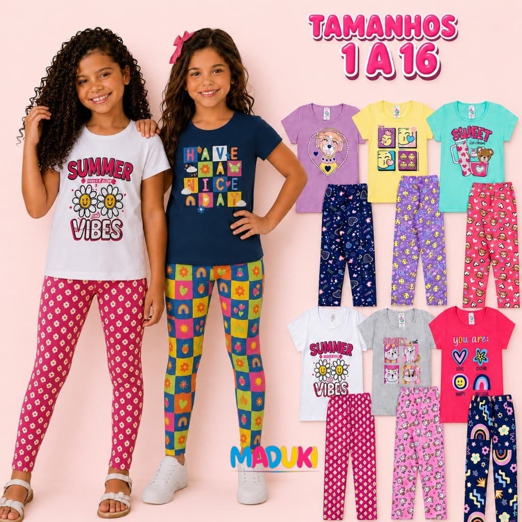 Kit 10 Peças Camiseta Estampada + Legging Confortável - Conjunto Infantil Menina