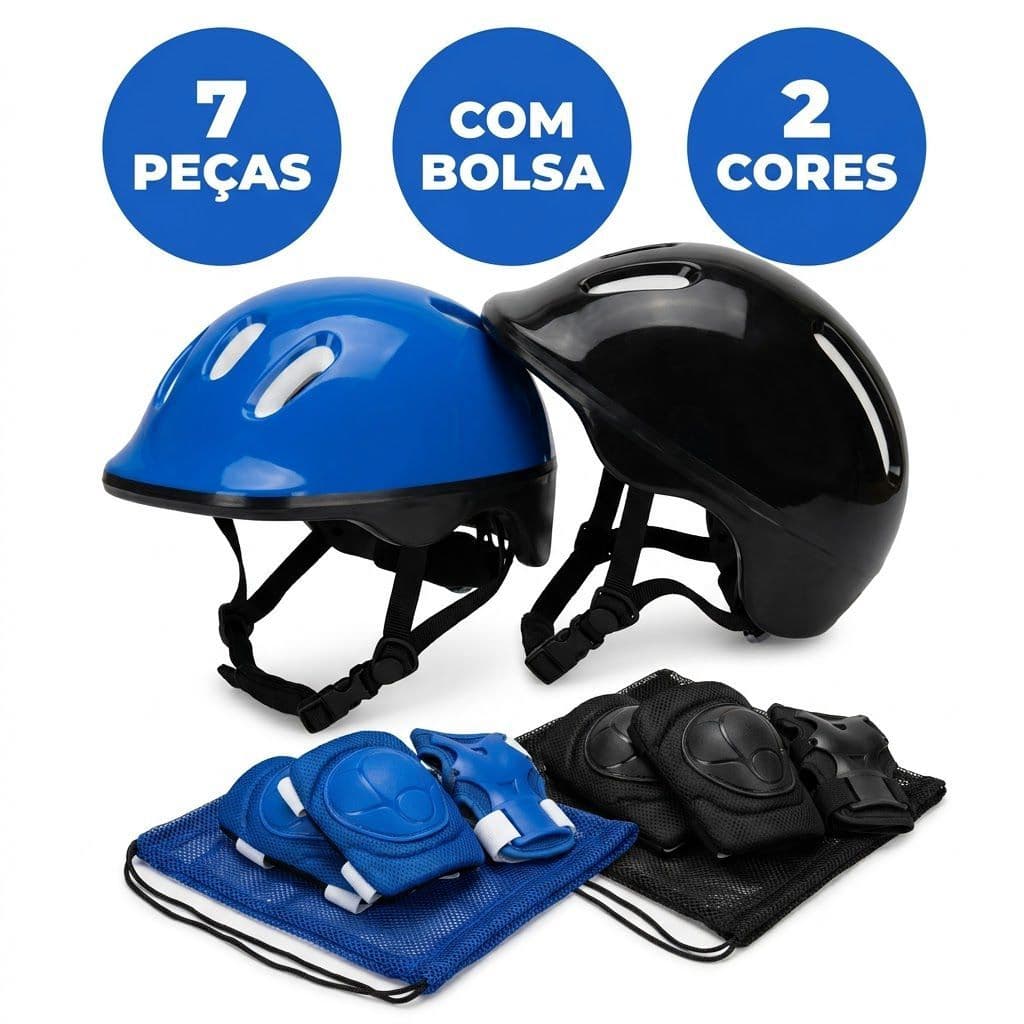 Kit Proteção Infantil 7 Peças Capacete Joelheira Cotoveleira Munhequeira Bike Patins Skate Patinete Ajustável HGIC