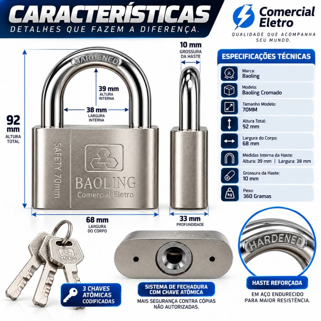 Cadeado Grande 70MM Chave Atomica Robusto Resistente Para Galpão Estoque Garagem Almoxarifado