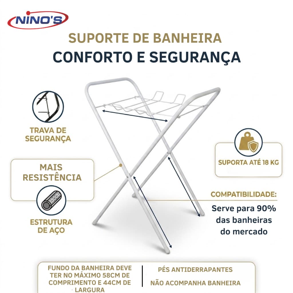 Suporte para Banheira Bebê Ninos Branco | Aço Dobrável e Compacto | Suporta até 18kg com Trava