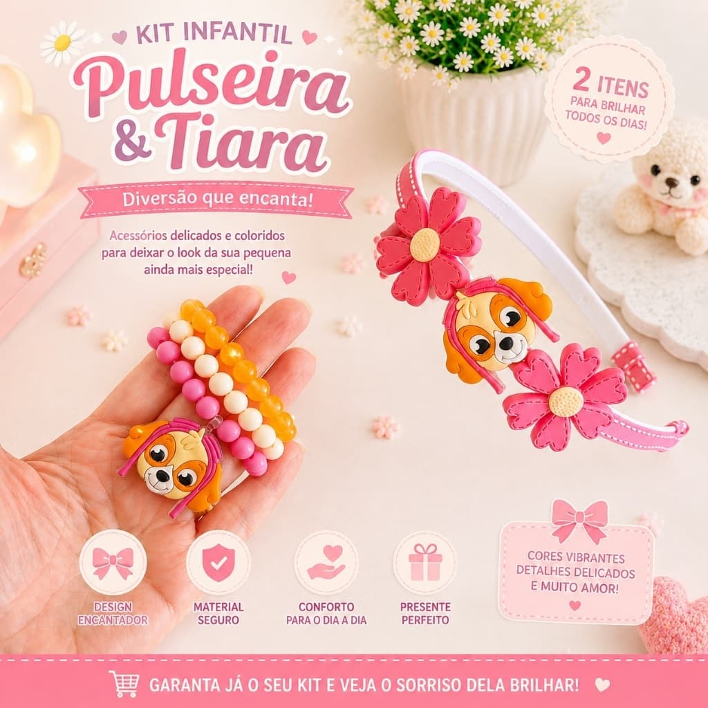 Tiara e pulseira infantil para menina - Patrulha Canina - Skye - Qualidade Premium - Envio Imediato - Dia das crianças
