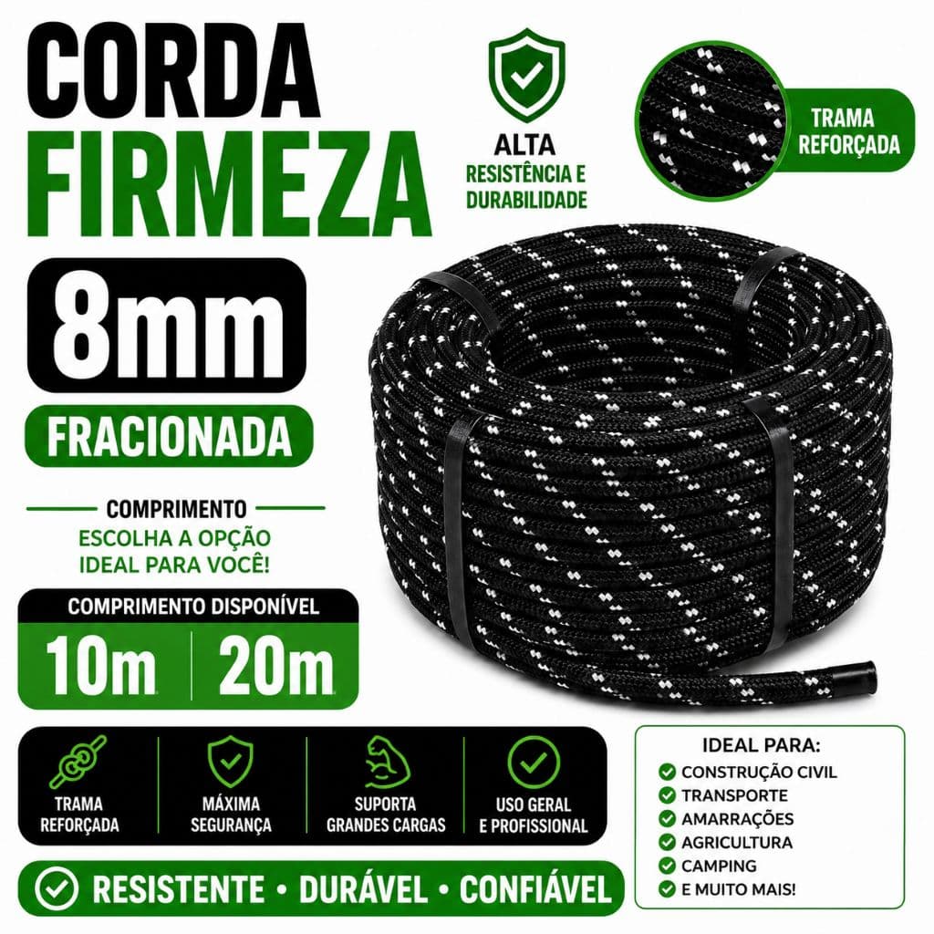 Corda Firmeza 8mm Preta/Branca para Carga de Caminhão, Balanço, Escalada, Uso Geral  10 ou 20 Metros