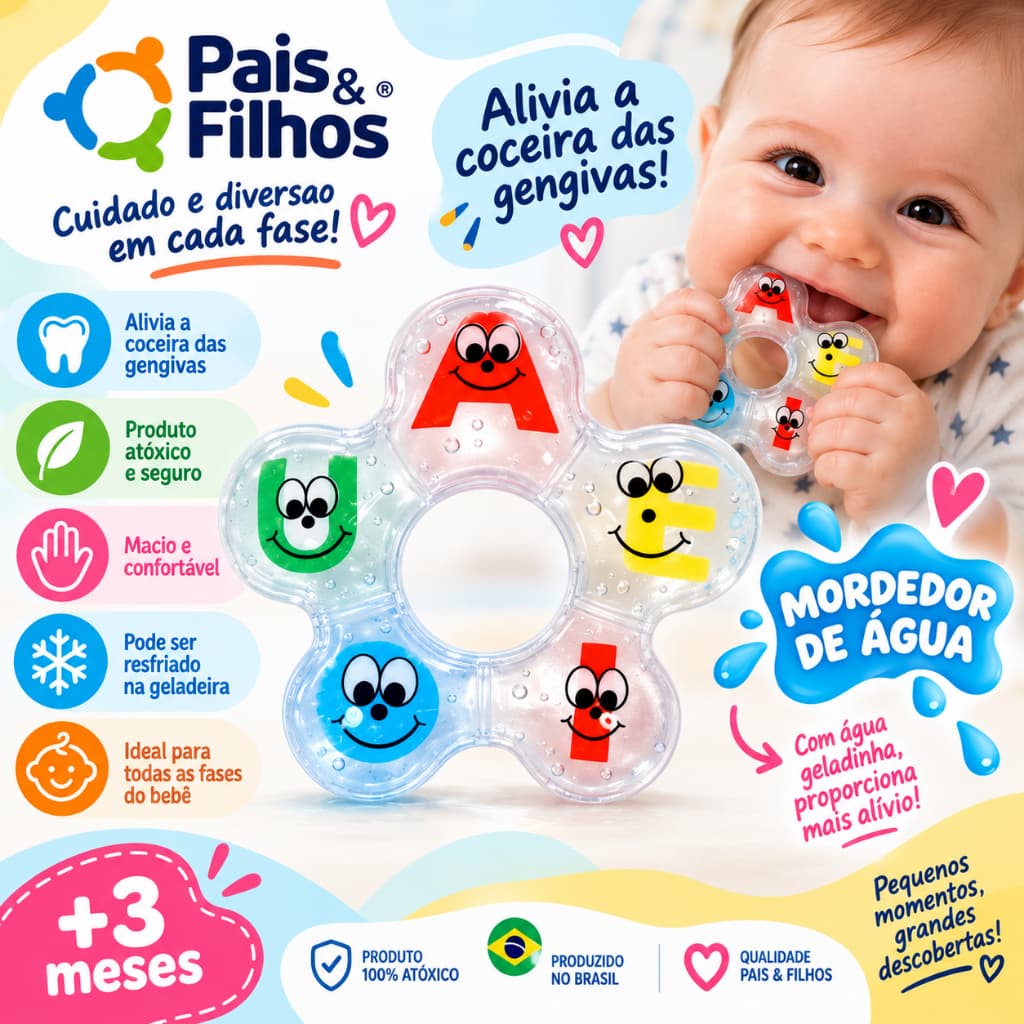 Mordedor Infantil com Água Vila Toy Frutinhas Macio Alívio para Dentição Seguro Atóxico Sem Ftalato