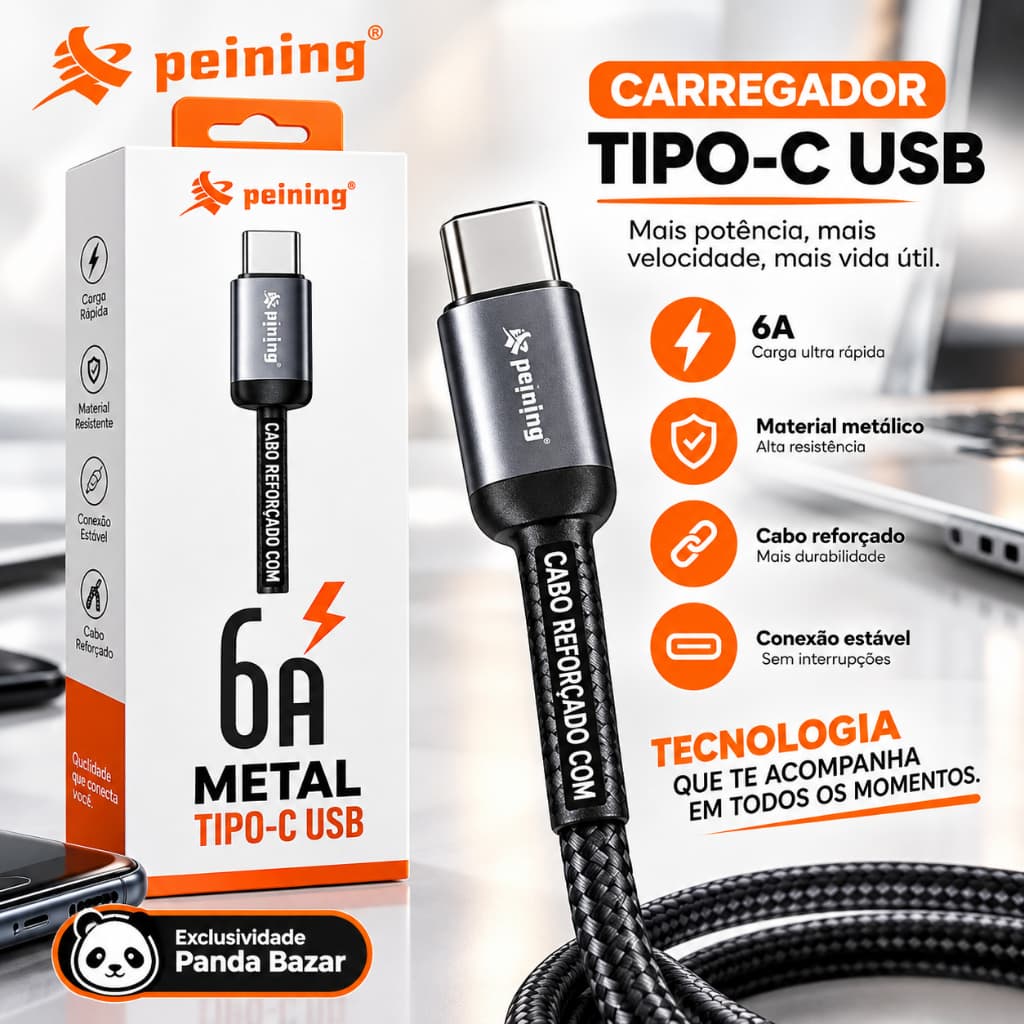 Cabo Reforçado Carregamento rápido 6A Peining Tipo C USB  1M PEI-S14-3