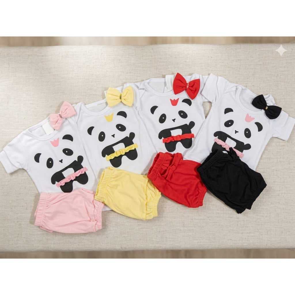 Kit Body Mesversário Panda Bailarina Conjunto Body Bebê Panda de Tutu com 3 peças Body Shorts e Laço