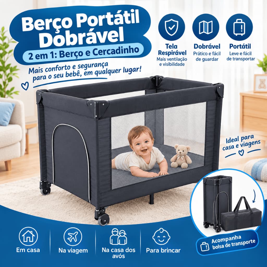 Berço Portátil para Bebê Dobrável 2 em 1, Cercadinho Infantil com Rodinhas, Berço de Viagem Fácil de Montar