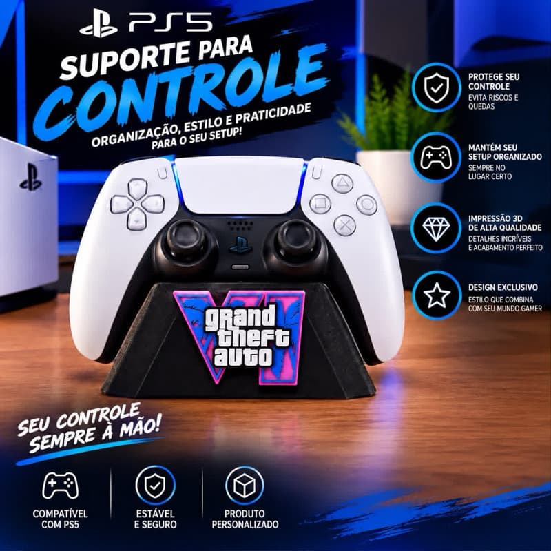 Suporte para Controle PS5 DualSense | Base Porta Controle Gamer | Organizador para Controle PlayStation 5 | Impressão 3D