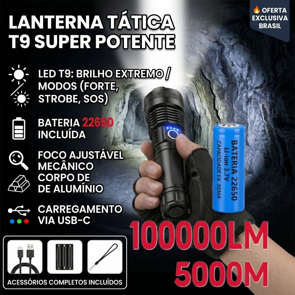 T9 Lanterna Super 26650 Potente Tática Mais Forte Do Mundo Potente Sitio Fazenda Acampamento Camping Segurança