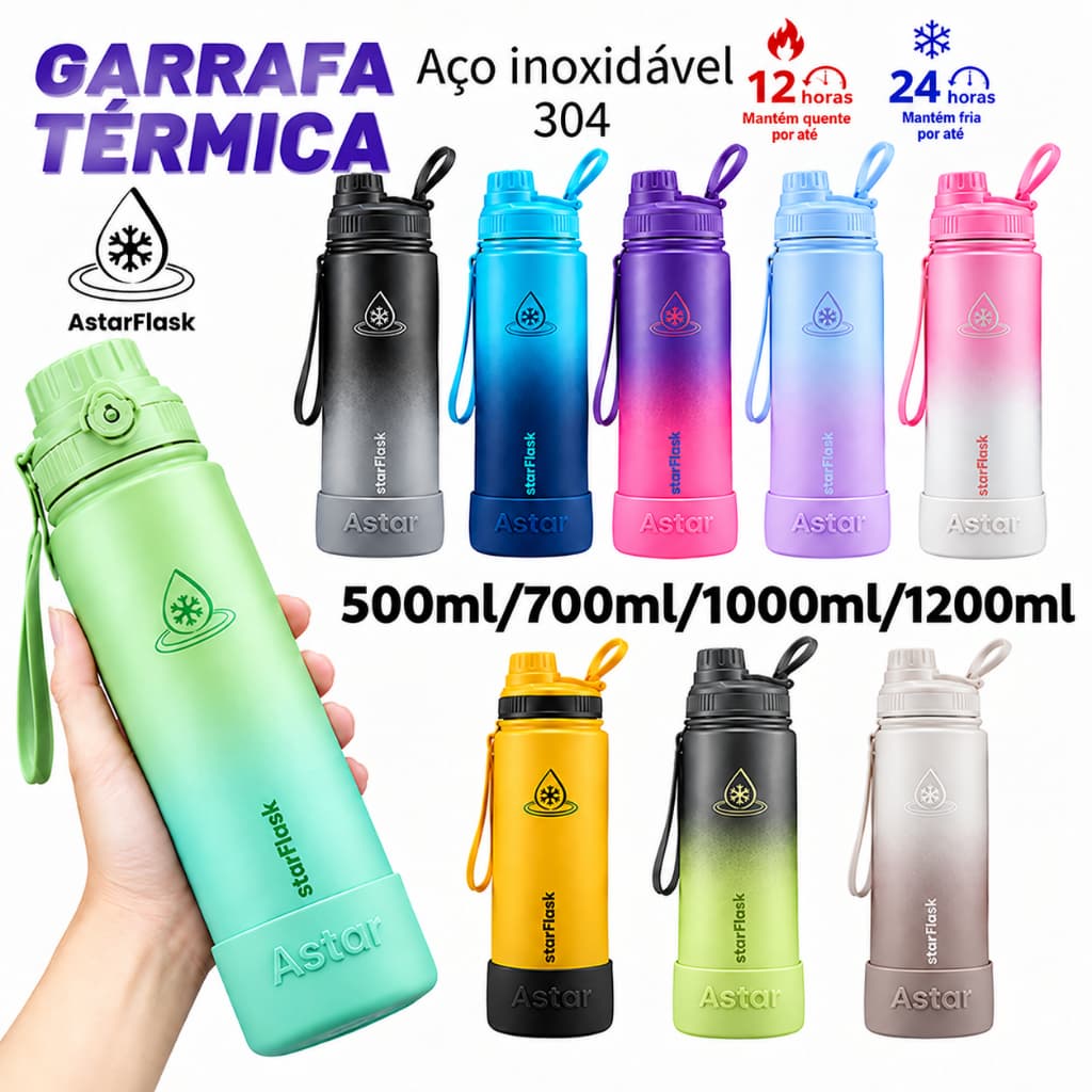 AstarFlask Garrafa Térmica 500ml-1200ml Inox 304  Com Alça  e base de silicone Quente & Frio Com Isolamento