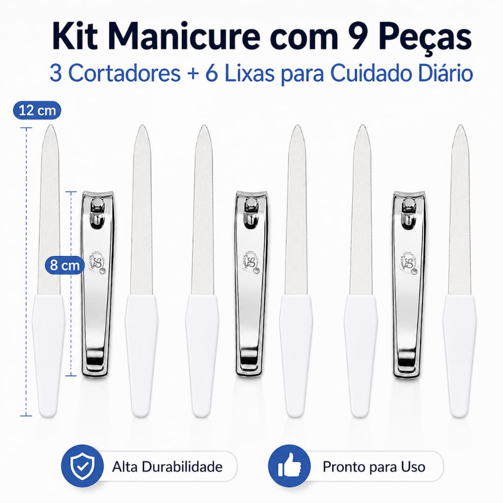Kit 3 Cortadores De Unha Grande e 6 Lixas Metálicas 9 Peças