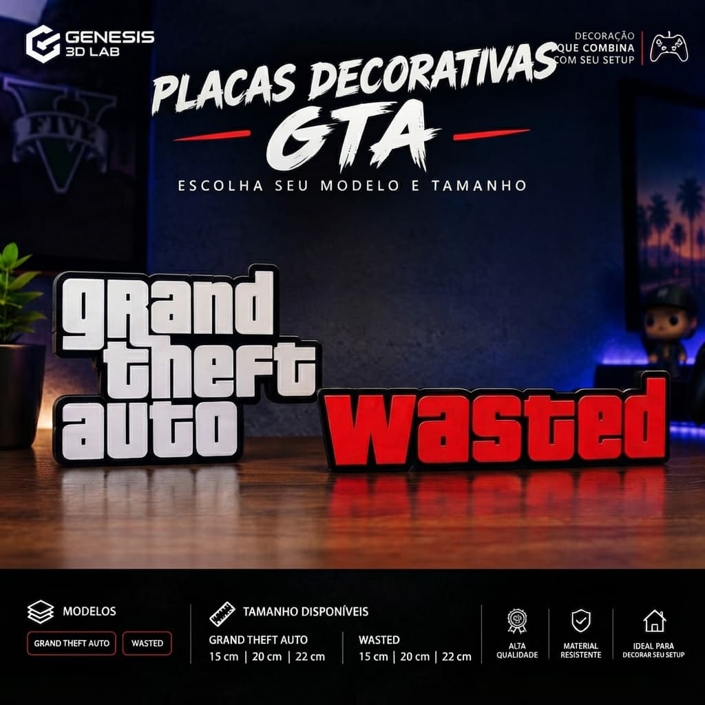 Placa Logo Grand Theft Auto GTA | Decoração Gamer Estilo 3D | Suporte Mesa / Parede