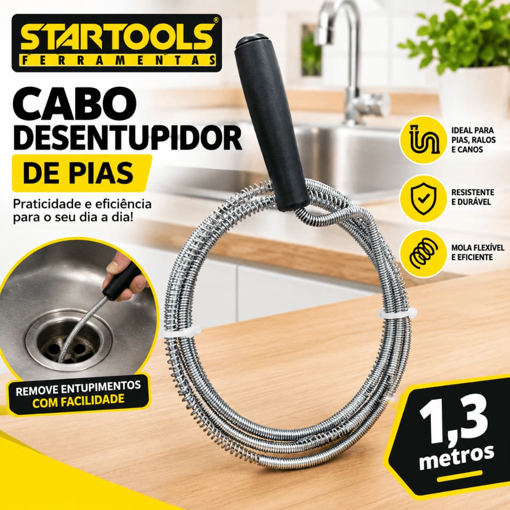 Cabo Desentupidor Manual de Pias 1,3 Metros – Desentupidor Flexível para Pias, Ralos e Canos STARTOOLS