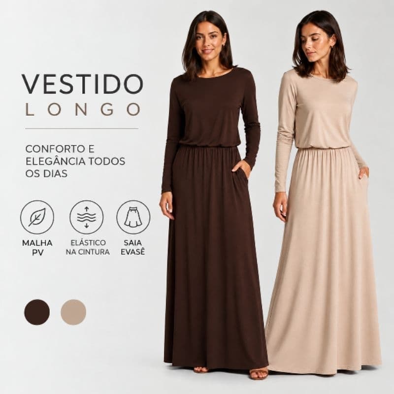 Vestido Longo Feminino Manga Longa Com Bolso e Elástico na Cintura