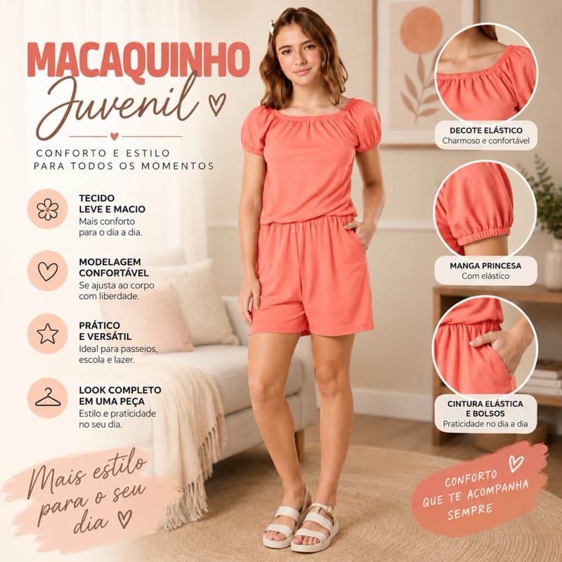 Macaquinho Juvenil Feminino Casual Moda Verão