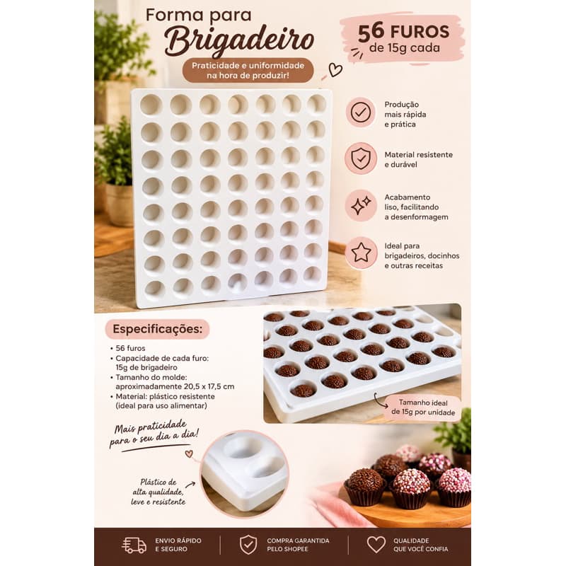 Placa Porcionadora Dosadora Para Doces 56 Furos Molda Fácil Brigadeiro Gourmet Beijinho + de 50 Docinhos