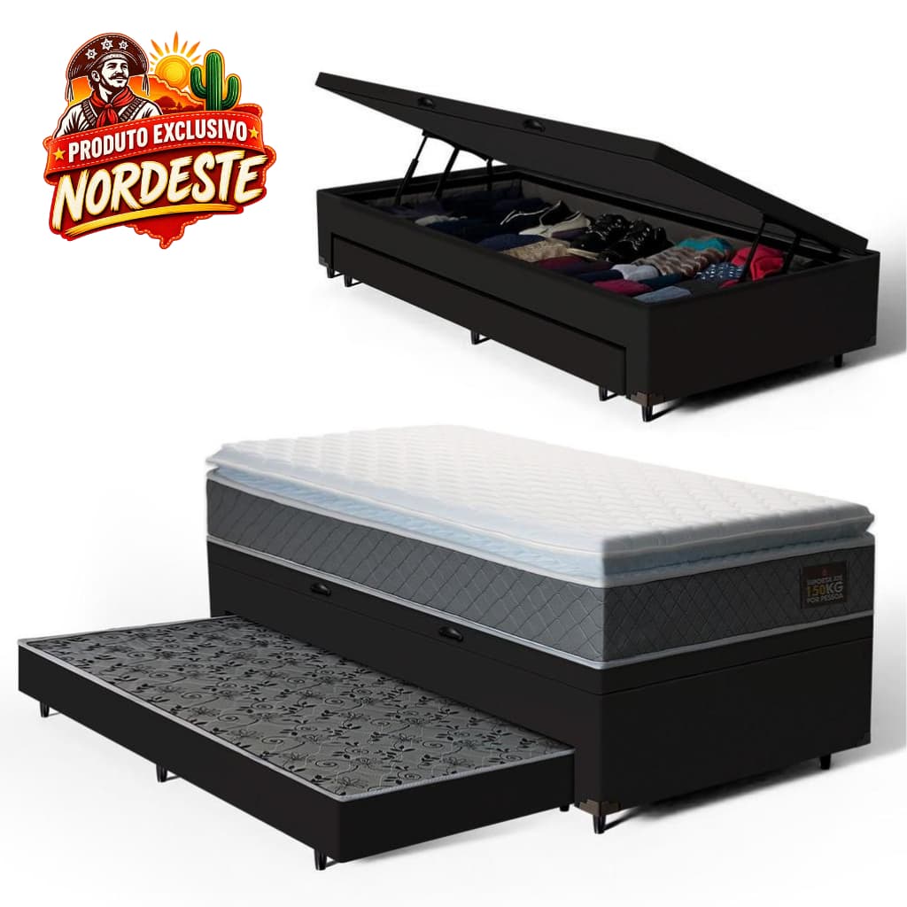 Cama Box Baú com Colchão de Espuma D45 Pillow Top Fort Comfort + Auxiliar Unique Solteiro 88cm
