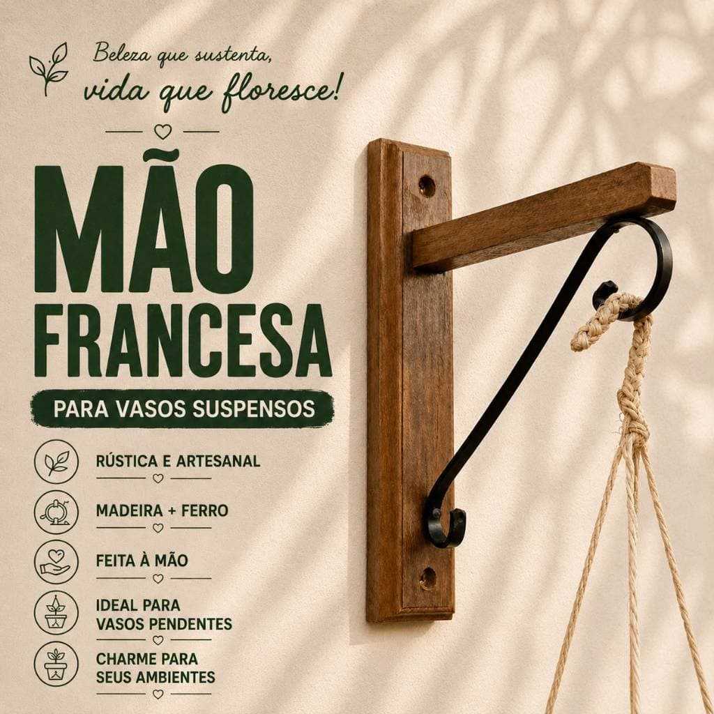 Mão Francesa para Prateleira com Gancho para Vaso | Vasos para Plantas | Cachepot para Plantas | Madeira e Ferro