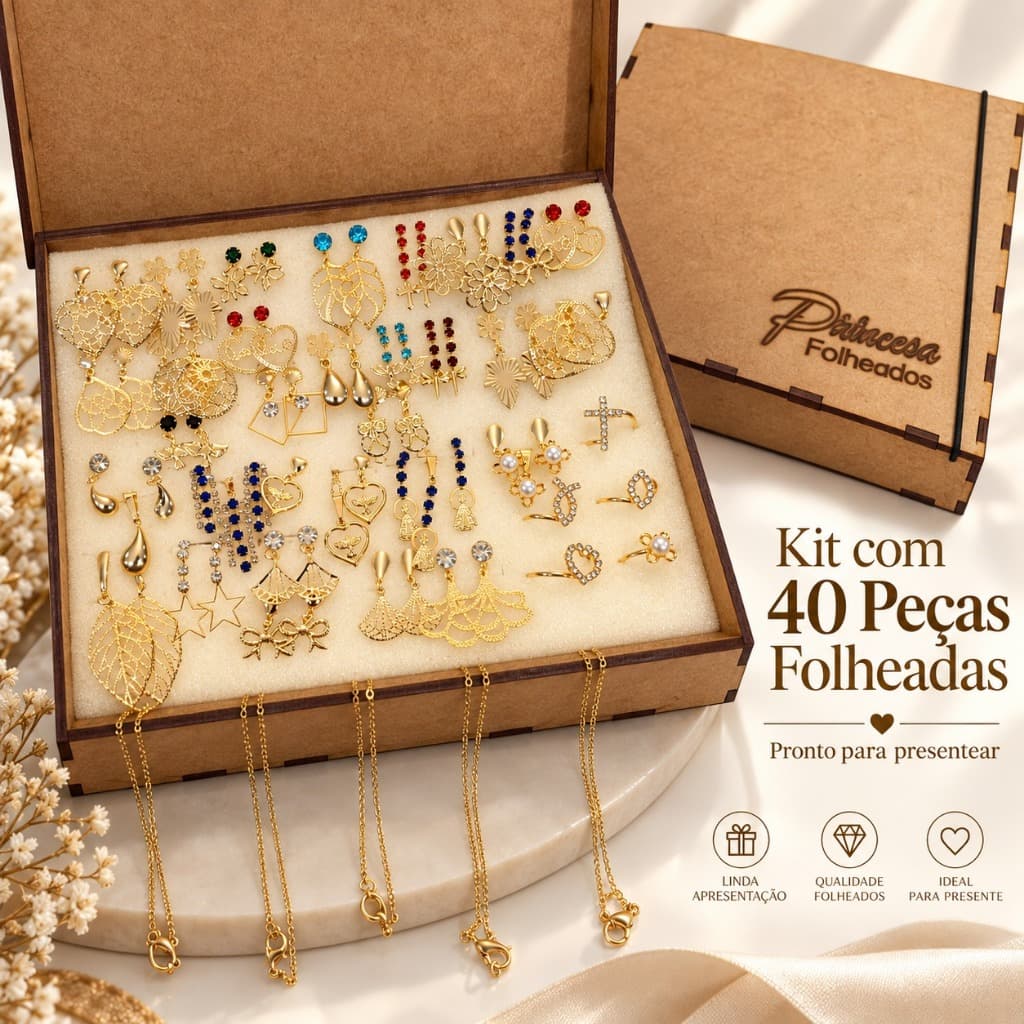 Kit 40 Folheados 30 Brincos 5 Cordões 5 Anéis Alta Qualidade Para Revenda