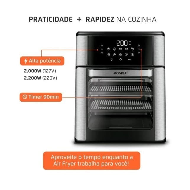 Fritadeira Air Fryer Forno Mondial 12L 220V - Air Fryer + Forno, Capacidade 12L, Antiaderente Duraflon