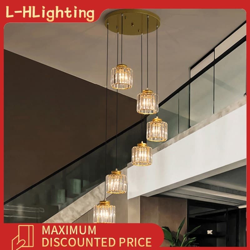 Lâmpada para sala de estar Lustre de cristal Lâmpada para sala de jantar Lâmpada para teto alto Lustre longo para escada