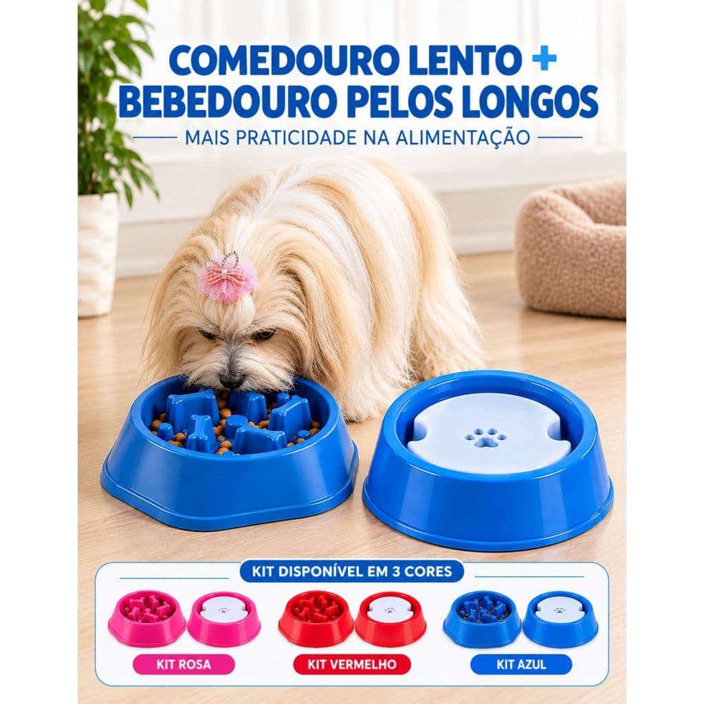 Kit 2 Peças Comedouro Lento Alimentação Mais Lenta + Bebedouro Pelos Longos Para Cachorro Gato  Pet