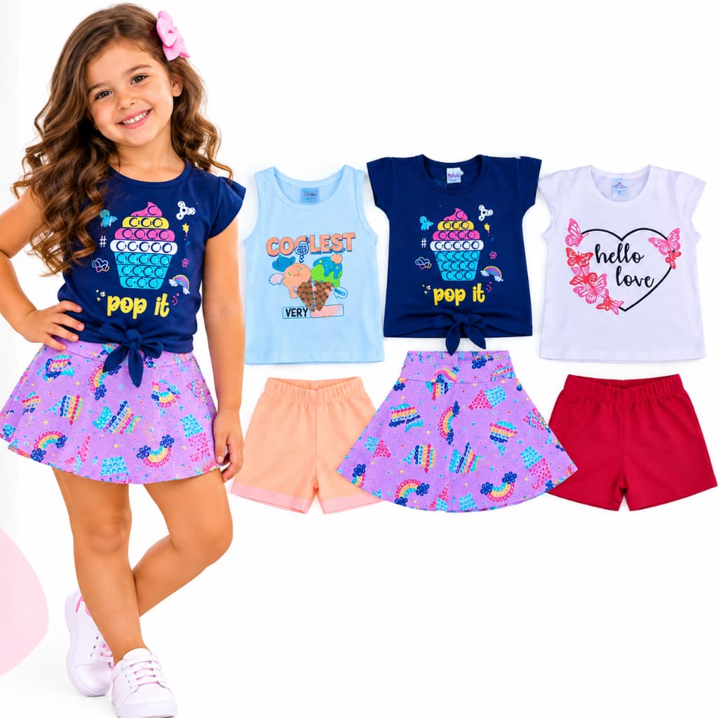 Kit 6 Peças Roupa Infantil Menina Verão - 3 Blusas + 3 Shorts Confortáveis 01 ao 03