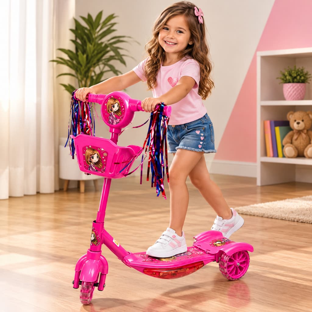 Patinete Infantil 3 Rodas Rosa e Azul Luz Som Rodas LED Cestinha Seguro 35kg