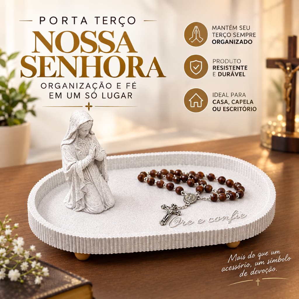 Porta Terço Nossa Senhora com Bandeja e Pezinhos para Terço e Rosário