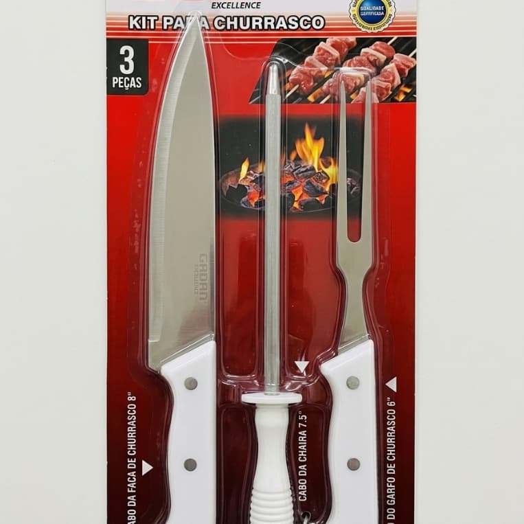 Kit Churrasco Profissional Gadan Inox 3 Peças Faca Garfo Trinchante e Chaira-amolador Cabo Branco