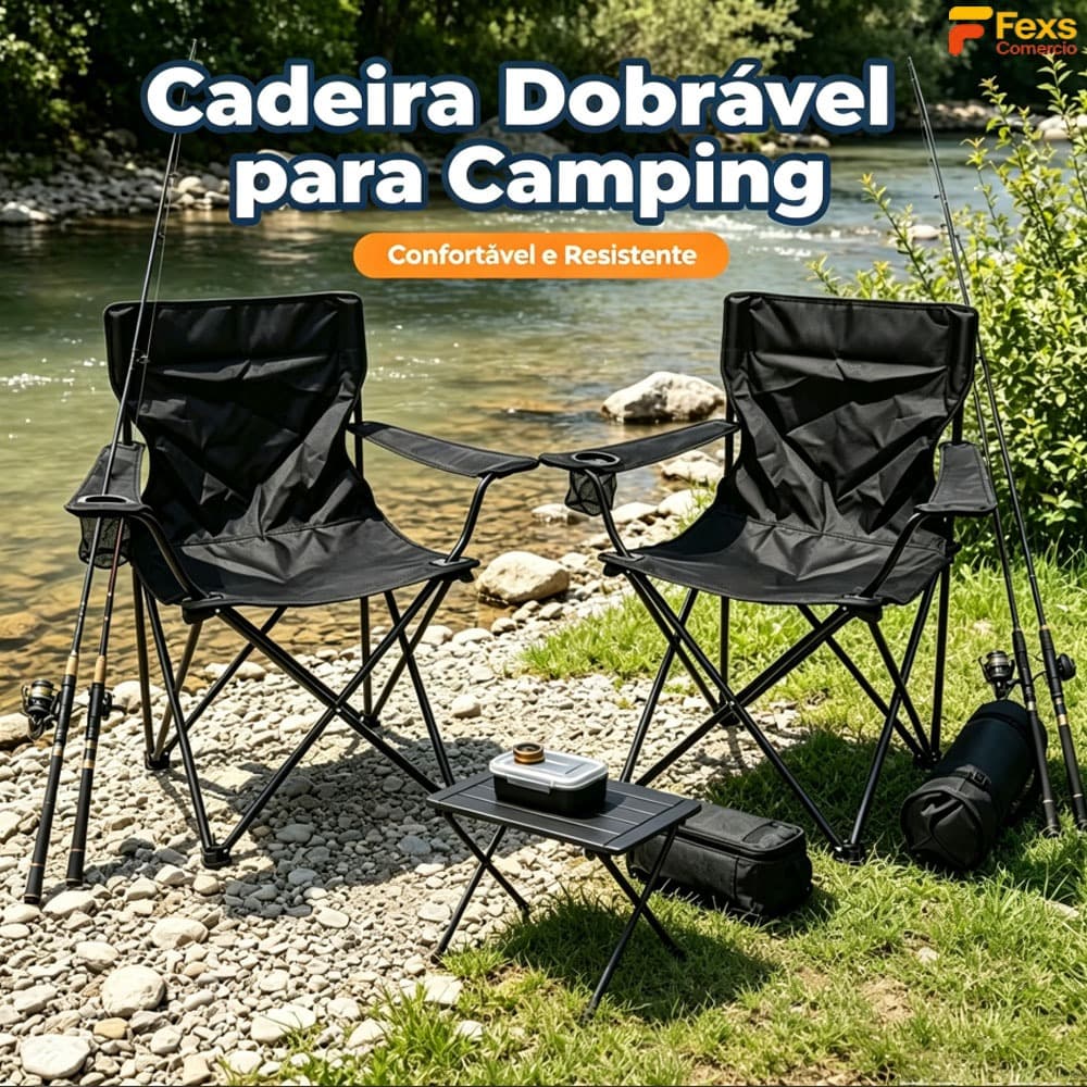 Kit 2 Cadeira Dobrável Camping Portátil com Bolsa Porta Copos e Bolso Lateral Resistente para Praia Pescaria e Piqueniqu