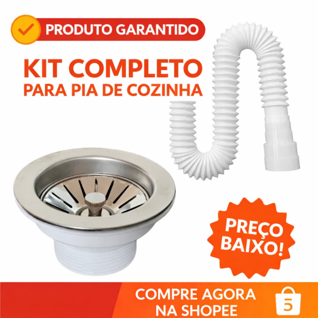 Kit Válvula Americana Inox em ABS 3.1/2" Branca com Sifão Sanfonado -Kit Válvula Americana e Sifão