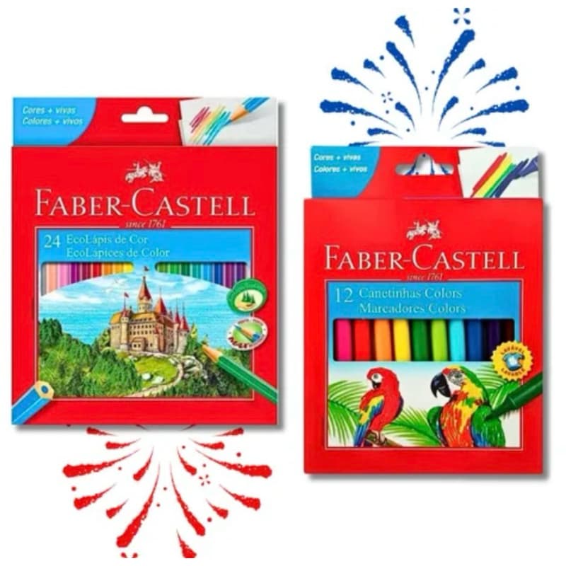 Kit Lápis De Cor Faber Castell Escolar 24 Cores com Canetinha Hidrográfica 12 Cores - Faber Castell