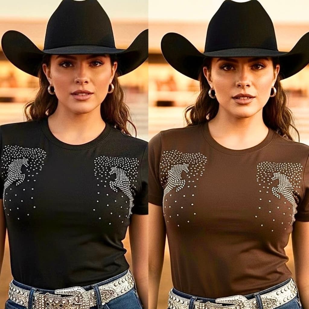 T-shirt Blusa Camiseta Country de Luxo Pedrarias Brilhos Linha Premium Rodeio Vaquejada Festa West