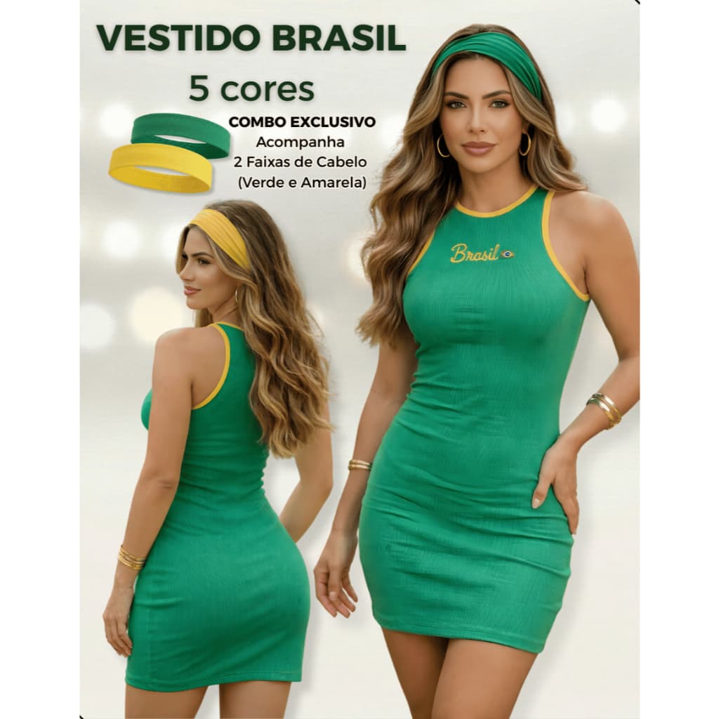 Vestido Feminino Ribana Com Faixa de Cabelo Seleção Brasileira Manguinha Brasil Premium Copa do Mundo