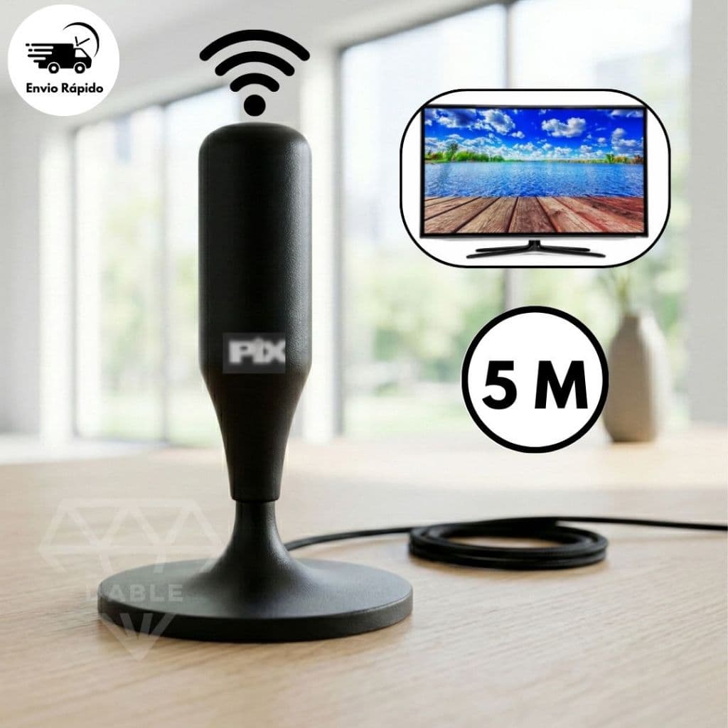 Antena Digital HDTV UHF Interna e Externa Portátil Base Com Imã Cabo 5 Metros Para TV Casa