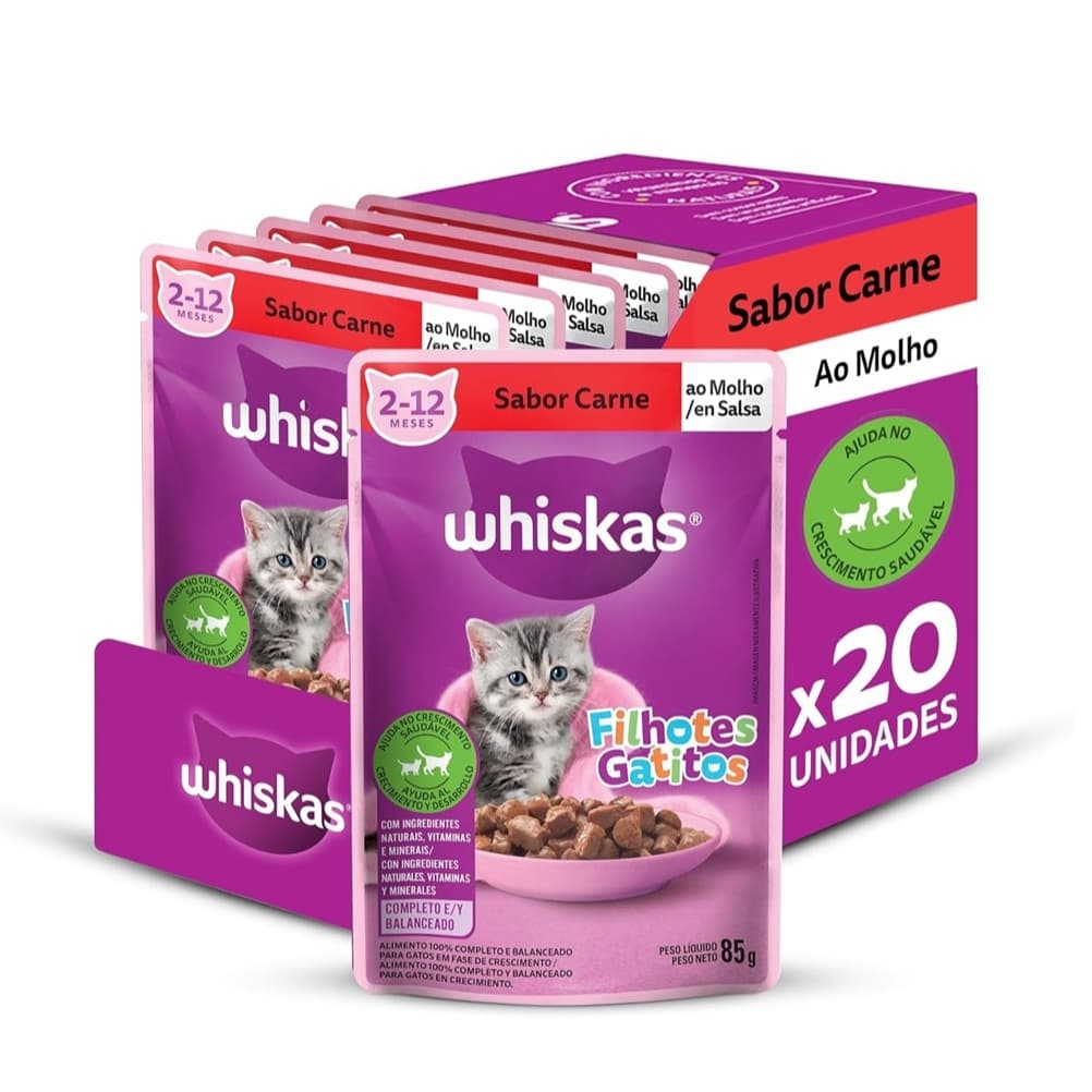 Whiskas Sachê Carne ao Molho Filhotes 85g Combo com 3,10 e 20 Sachês