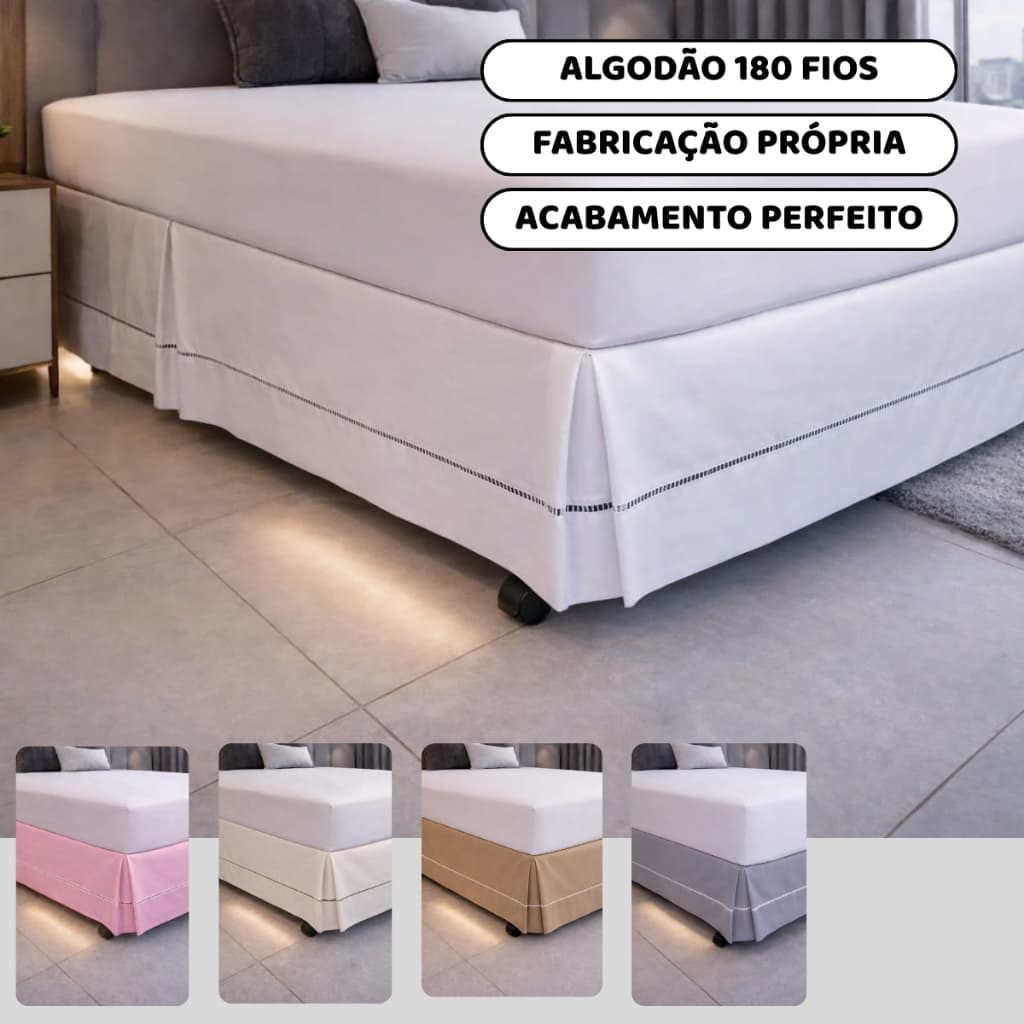 SAIA PARA CAMA BOX PREMIUM QUEEN SIZE ALGODÃO 180 FIOS COM DETALHE EM PONTO PALITO