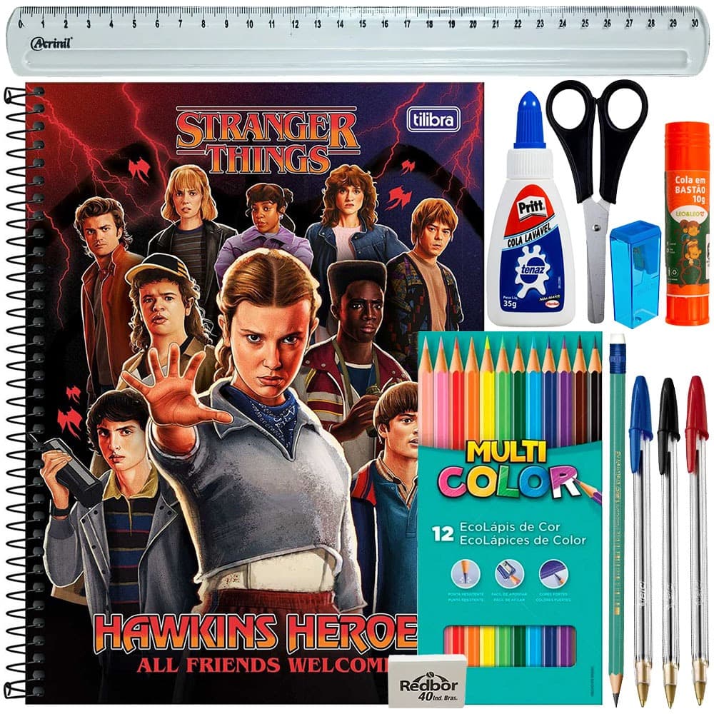 Kit Escolar STRANGER THINGS Lápis de cor 12 Cores Grafite  Cola Tenaz Bastão 3 Canetas Bics Tesoura Apontador Borracha